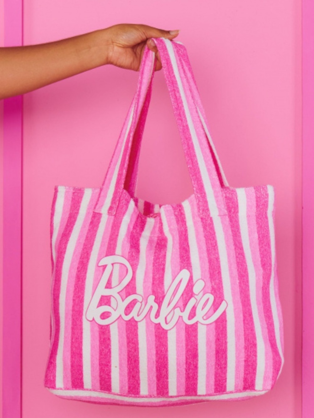 Barbie x Show Me Your Mumu Dreamhouse Stripe Terry Tote Bag Pink White Striped
